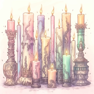 Pastel spooky candles and grimoire clipart image, in the style of mystic mechanisms, subtle pastel tones, pencil art illustrations, soft pastel tones, reimagined by industrial light and magic, litho printing, illusory images, watercolor clipart
