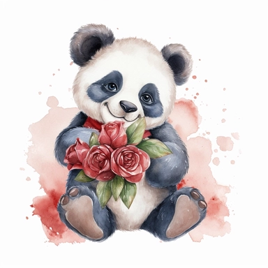 watercolor clipart, image of a happy looking laughing baby panda, holding red roses, white background, no shading, detailed, megapixel, super resolution, no mockup