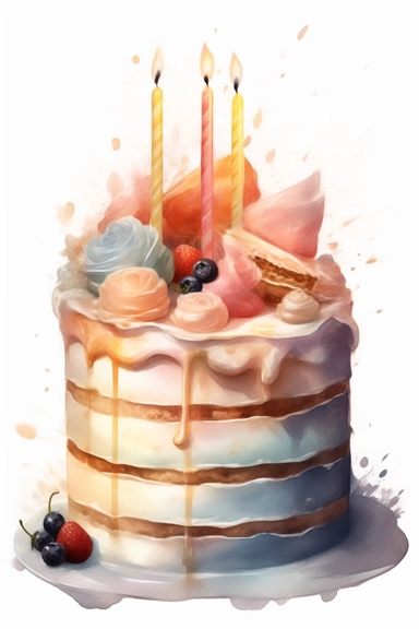 amazing detailed watercolor clipart of a beautiful detailed pastel colored birthday cake, no caption, solid white background, cinematic light lighting, hyper-detailed, 8k, high resolution, symmetrical, full shot photograph, insanely detailed and intricate, beautiful, elegant, watercolor, cinematic