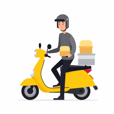 vector design, moped food delivery man, flat modern illustration, clipart, very simple picture, white background, soft gradient transition, in the style of warm color palette, natural pastel colors, in yellow, grey and black colors, object portraiture specialist, uniformly staged images, animated illustrations