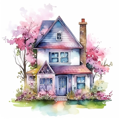 Vector clipart, isolated on white background, beautiful lovely Watercolor cute little colorful house, spring time , ornated, pastel colors, small England village