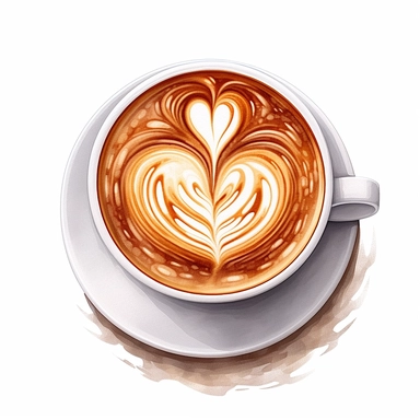 Isometric illumination of commercial shot of ultra - realistic watercolor painting of a really delicious coffee with, latte art heart clipart, good looking food, delicious, yummy, foodie, healthy, white background no text, isolated on white, watercolor illustration, award winning, strong and sharp lines, upscale