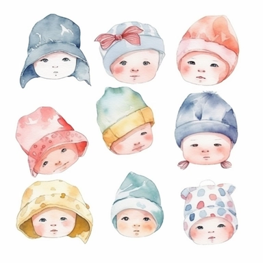 Baby accessories (such as hats, headbands, bibs, etc.) decorated with cute patterns, cute adorable emotional watercolor style on white background with margins in a clipart design