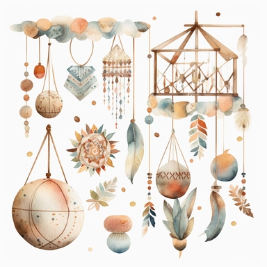 Create watercolor clipart of a boho baby mobile, featuring items such as geometric shapes, pom poms, and wooden beads. Use intricate patterns and muted colors to capture the playful yet understated boho vibe, white background
