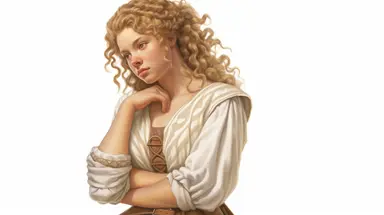 4 full body pastel drawing cute white russian girl with spiral curly blonde hair to the shoulder and with brown eyes wearing medieval peasant clothes character clip art, HD, Isolated on white background, spaced out, intricate detail