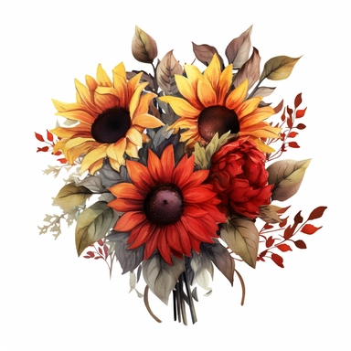 a watercolor of a sunflower bouquet, cherry academy style, cherry red nuances, vector free clipart illustration, in the style of unreal engine 5, 32k uhd, detailed features, white background