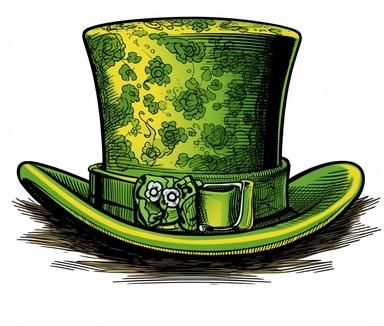 a yellow top hat is clipart green hat, in the style of 1970–present, colorful comic strips, precisionist style, light green and black, engineering/construction and design, suburban ennui capturer, detailed crosshatching,white background