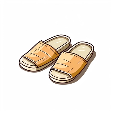 beige house slippers, object, pastel colors, cell shading, game graphics, clean lines, linear drawing, simple, on a white background, vector graphics, clipart, doodle, comic art