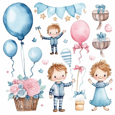 watercolor illustration, cute gender reveal doodle clipart, boy or girl, high resolution, detailed doodle, white background, items clipart for baby shower gender reveal, mom to be