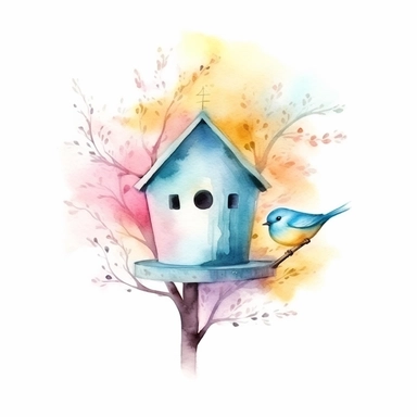 Vector clipart, isolated on white background, beautiful lovely Watercolor Spring wooden bird house hanging on the blue bloming tree, ornated, pastel and saturated colors