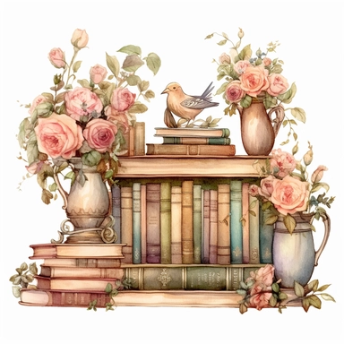 thick fairy books in small open greek antique bookcase in watercolor style, intricate details, detailed illustration hd, wedding, wedding flowers, rose and gold, cottage clipart, ethereal bohemeian, wedding bird, on white background ar 3:2 s 1000