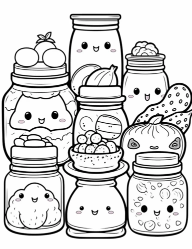 A kawaii illustration of a jar filled with an assortment of adorable cookies in different shapes and sizes For Simple Coloring page,line art, thick lines, black and white,clipart, illustration, on white background,margin Page 10px