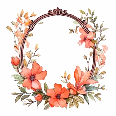 watercolor clipart of a empty suttle dainty floral oval frame surrounded by peach color flowers. Capture the essence of blooming beauty and intricate details in your artwork, white background