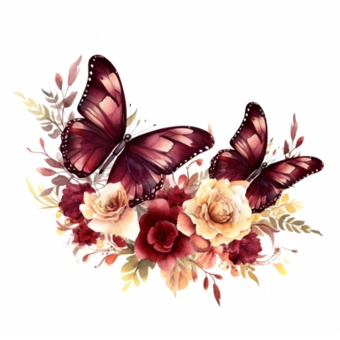 maroon butterfly on a flower border clipart, white background, watercolor, vector