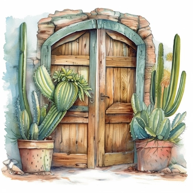 old country Western swinging saloon doors, surrounded by cactus, watercolor, clipart, white background