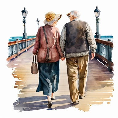 Old Couple Watercolor Clipart walking along a boardwalk with back towards us