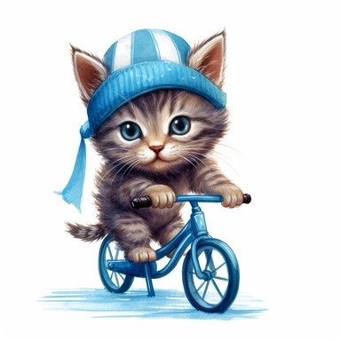Draw a cute clipart of a small kitten wearing a helmet and riding a blue bicycle. Low detail. White background, soft lighting. In the style of Bob Ross
