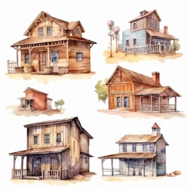 watercolor Old west style buildings, illustrations clipart set, simple, , cartoon elements ,different variants , separate elements with a margin