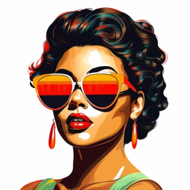 the face of a beautiful black girl from the 50s, amazed, with sunglasses casually on her nose, make-up in warm and vibrant colors, clipart, white background,--v 5