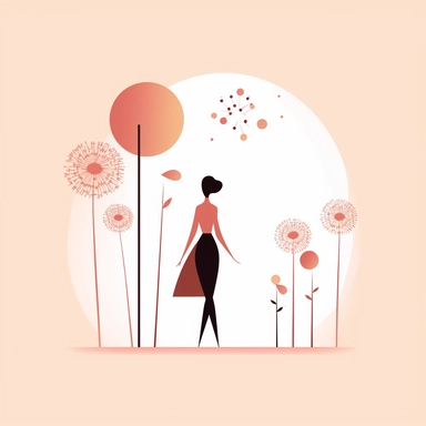 very basic forms illustration clipart, with very basic colours, light pink and brown shades, representing the success that women are constantly looking for, with a small silhouette of a lady walking towards the goals, with tiny flowers, very minimalist