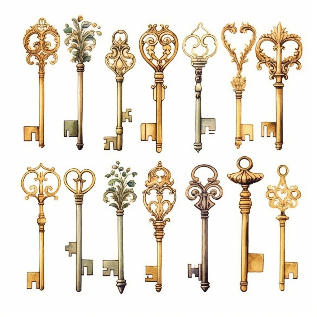 assorted gold keys inspired by Harry Potter watercolor illustration ...