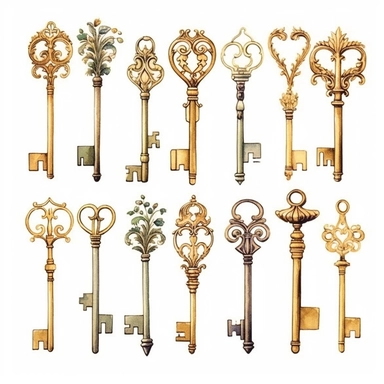 assorted gold keys inspired by Harry Potter watercolor illustration, design elements isolated on white background, vintage clip art - Image #4 <@1098423716465102849> - <@1098423716465102849> (31%) (relaxed)