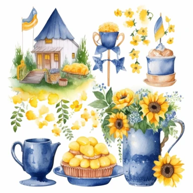 swedish theme clipart, midsummer holiday, flowers, flags and food, in the style of dreamy watercolor scenes, detailed character illustrations, mundane materials, storybook illustration style, swedish colors, white backround