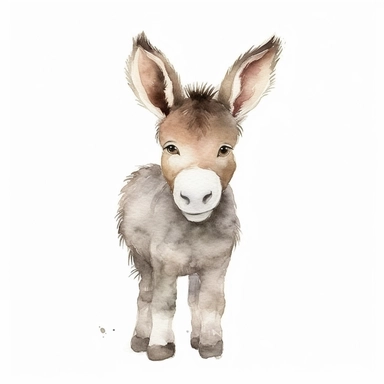 an animated baby donkey with kind eyes clipart with watercolor illustration,full body shot,8k,etsy style, white background