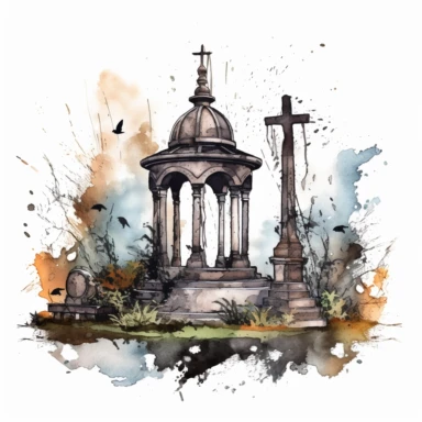 mystical horror watecolor cemetery clipart, hd 4k, detailed, focused, isolated on white background