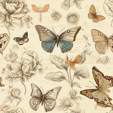 vintage butterfly and flower sketch, ephemera paper design with ornate illustrations, vintage, distressed textures, muted colors, craft paper texture, pen and ink on paper with watercolor washes Watercolor, vector, white background, rice paper texture, clipart, Seamless patterns, repeating patterns design, flat illustration, outlined , Vector, 4K, Art station, highly detailed clean, detailed illustration, 3D vector art, cute and quirky, fantasy art, watercolor effect, bokeh, Adobe Illustrator, h