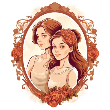 cameo clipart, mom and teen daughter, white background