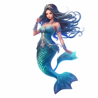 a charming asian mermaid, mermaid fin, full body, artistic interpretations, watercolor, manhwa character design, in the style of artgerm, 2d game art, quadratura, clipart, on white blackground,