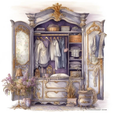 watercolor mixed media masterpiece a royal elegant wardrobe richly decorated with lavender, full of beautiful dresses on hangers, is in the bedroom, country mansion, golden accents, provence, by rodney matthews style and by Albert Joseph Moore style, Baroque style, Vintage Shabby chic, PNG clipart, isolated on white, extreme photorealistic details, 32k HD resolution, realistic high detailization high resolution