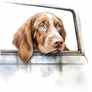 close up high detailed, Hand drawn watercolor clipart of Bracco Italiano puppy looking outside a moving car window, on a pure white background for background removal, no shadow, no paint splash
