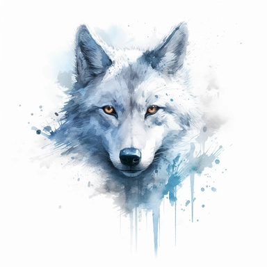 high level watercolor, hyper realistic, white background with margins, 8k, ultra detailed clipart, large, futuristic, A mystical winter blue wolf, its frosty breath creating swirling snowflakes and ice formations in the air, fairy, cool, pastel blue