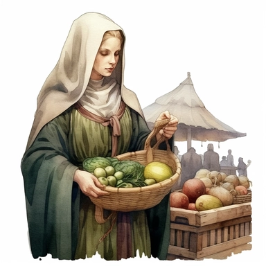 medieval woman selling in the market, stylish | COLOR THEME: dark green, olive green, army green, black, light pink | watercolor, clipart, hyperrealistic, white background
