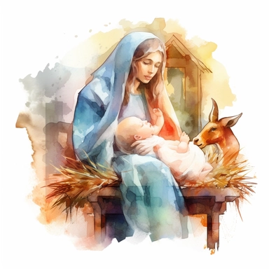 baby jesus in manger with mary watercolour in the style of digital airbrushing, realistic yet stylized, digitally enhanced, elaborate costumes, 32k uhd, clipart, white background