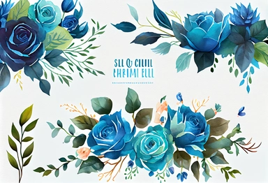 Watercolor Flowers Clipart Bright Blue Roses Green Leaves Branches Floral Clip Art Bouquet Top Border Florals Drop Free