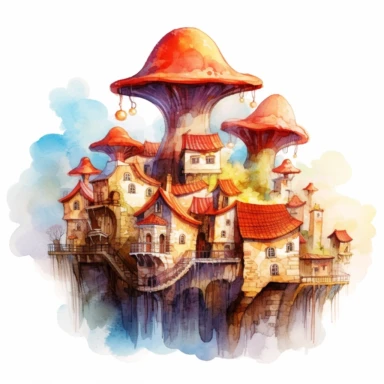 fantasy mushroom city in the clouds. clipart. watercolour.