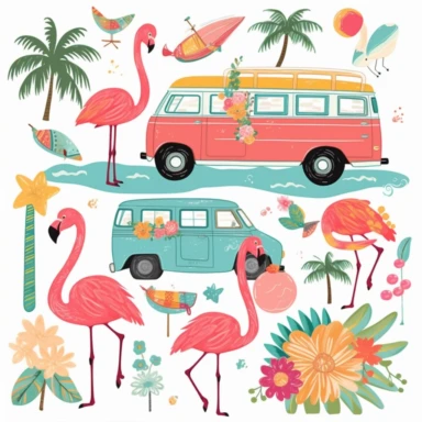 Summer love clipart, travel holidays clip art, tropical flamingo draw, surf beach vector printable, sunny van illustration