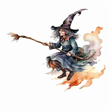 watercolor style, Witch on the broomstick: A long, slender broomstick associated with witches and their transportation. clipart, isolated on white background, 4K