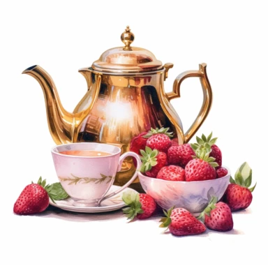 A tea party setup featuring a gold kettle, pink tea cups, and a bowl of fresh strawberries clipart, white background, watercolor drawing