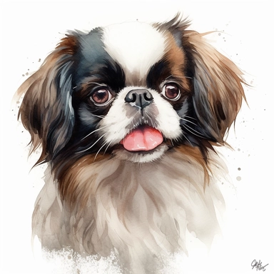 cute Japanese Chin dog portrait, full face, centered shot, side shot, dynamically posed, in action, playful mood, happy mood, playing mood, cute face, adorable smile, childlike eyes, clean watercolor illustration, white background, nursery baby imagery, painting, detailed, 8k, PNG, clipart,