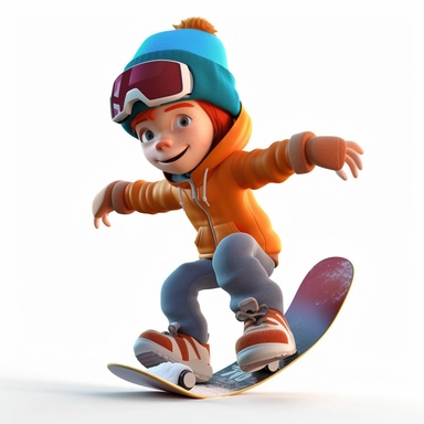 cute young boy snowboarding , smiling, full body, downhill snowboard clipart, Sport graphics, 8k polished, isolated on white background, 3d, rendered by pixar