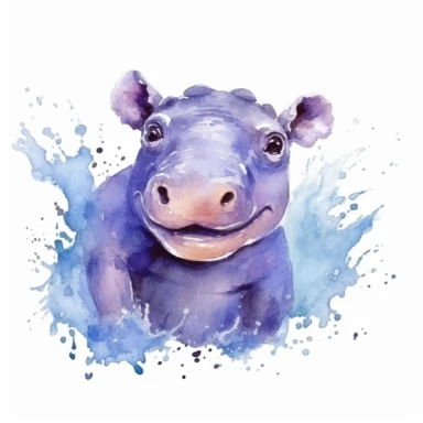 cute hippopotamus calf, playing in the water with a joyful splash, vibrant watercolor, clipart, on a white background