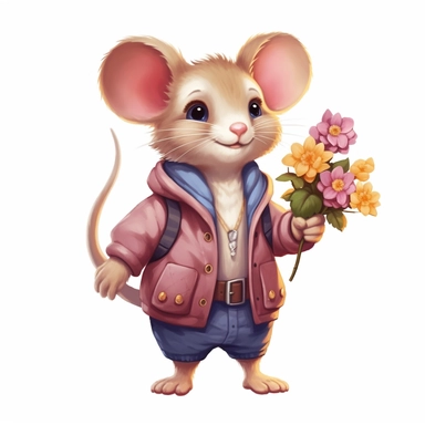 cute happy mouse wearing a coat one hand holding flowers the other hand in the coat pocket , illustration clipart, white background