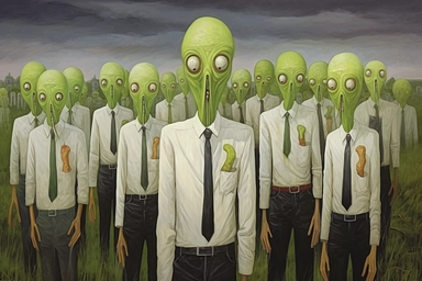 a group of tall green persons wearing dirty white shirts and black trousers, giant red dripping eyes, holding clipboard, Salad Fingers, hyper-realistic, highly detailed, horror art, Keith Thompson, Junji Ito, Lauri Lipton