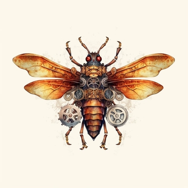 a steampunk style mechanic bug with watercolor effect,steampunk style gear wheels,steampunk style wings,unrealistic,suitable for digital cliparts , fantastic scene , high quality,fantastic scene