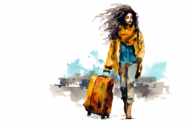 colorful beautiful black womam with long hair, pulling luggage through airport, watercolor clipart