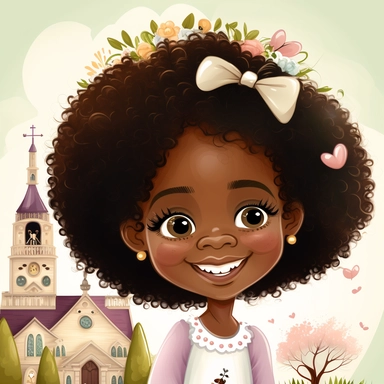 Happy Black Girl Smiling on Easter Sunday , in front of a church , easter basket , Easter art, funny black girl clipart, Funny black girl , Frilly Easter Dress , Ribbion in Hair, Cheerful african american girl child png, clipart, afro ,Full body with legs , Cottage core , Love shack Fancy, Highly detailed close-up portrait , standing , Nicoletta Ceccoli, Mark Ryden, lostfish, Earl Nor, global lighting, divine rays, detailed and intricate surroundings, sf, intricate artwork masterpiece, ominous, 